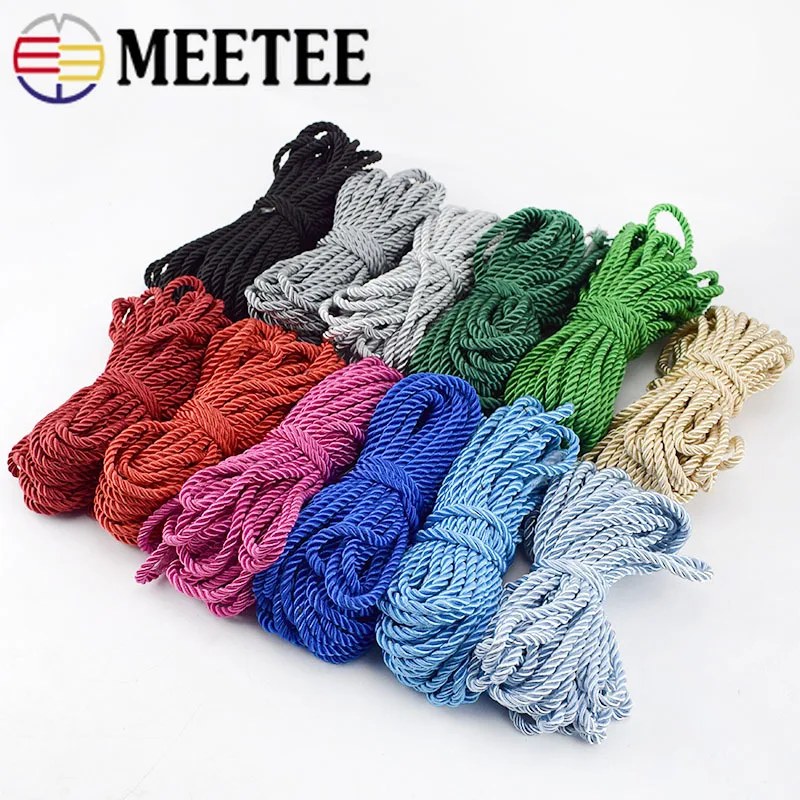 Meetee 10/20Meters 5mm 3 Shares Twisted rope Cotton Nylon Cord Colorful Craft Braided Decoration Ropes Drawstring Belt Accessory