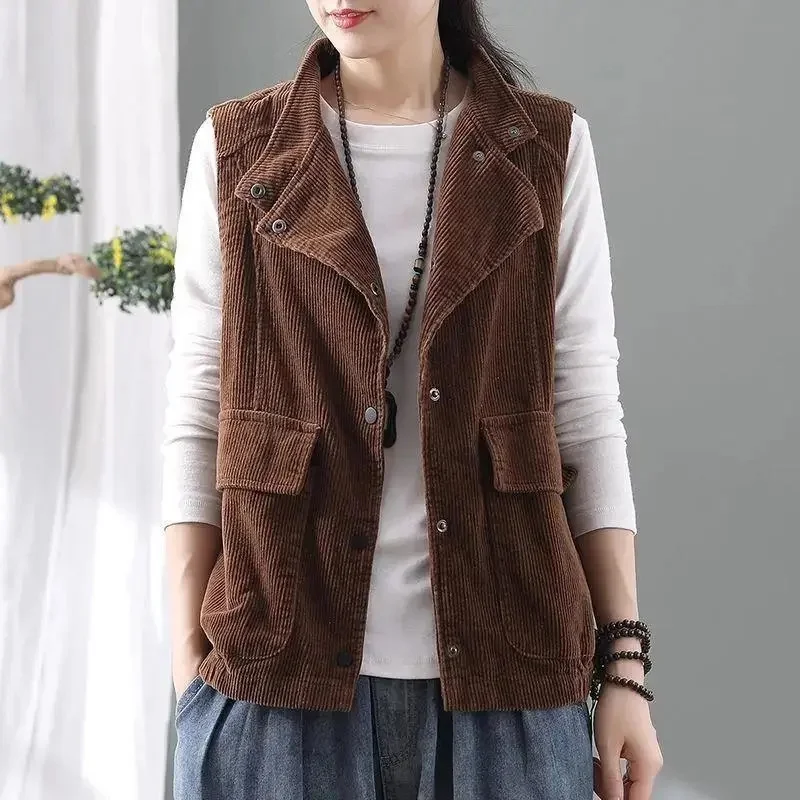 

Double Layer Corduroy Cardigan Vest women's Jacket 2022 Autumn New 5XL Style Waistcoat Outwear Lapel Top Vintage Sleeveless Coat