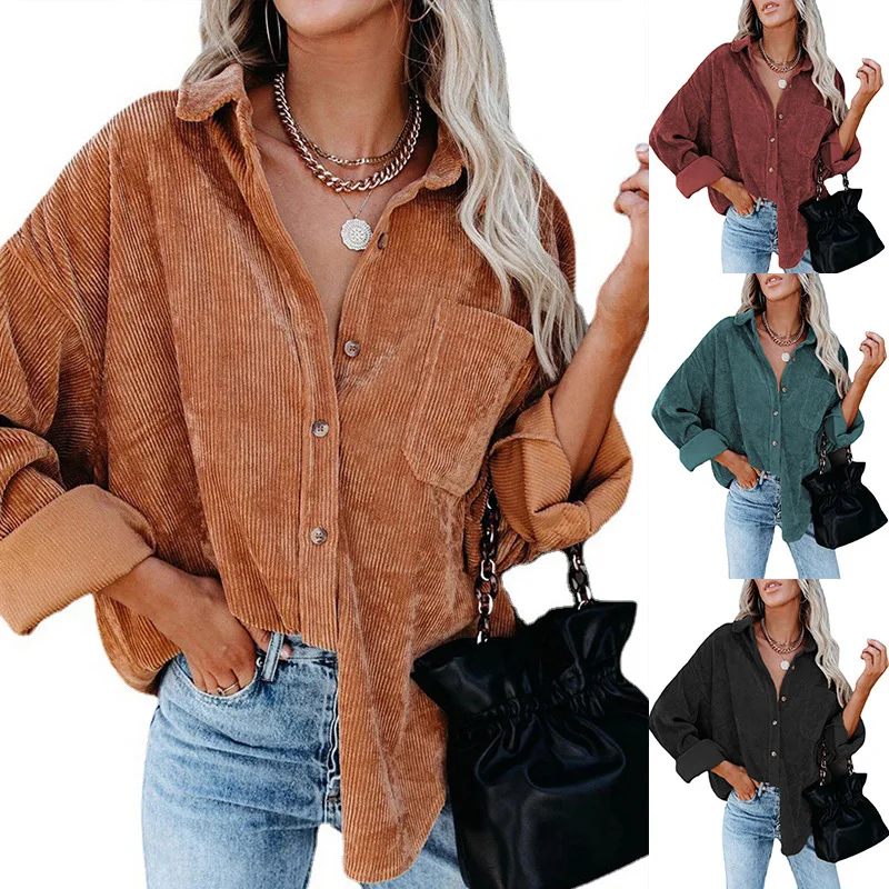 VOLALO 2024 Autumn Corduroy Jacket Women Overshirt Shirt Jackets for Button Leopard Coat Female