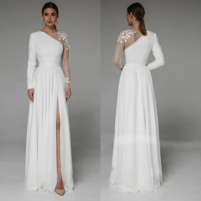

Asymmetrical Side Slit Wedding Dress Long Sleeve Civil Bridal Gown Party For Bride Button Applique Floor Length Свадебное платье