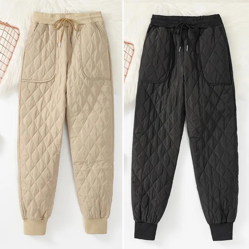 

Mid-Rise Elastic Waistband Drawstring Pockets Women Pants Solid Color Rhombus Texture Quilted Down Cotton Trousers Daily Clothin