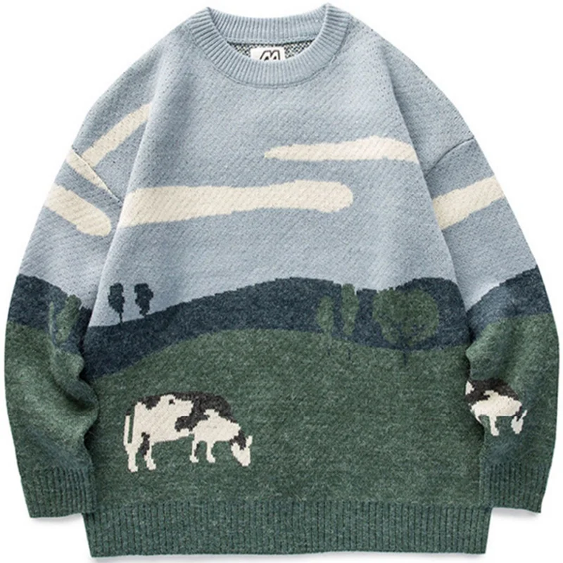 

2021 Men Cows Vintage Winter Warm Daily Knitwear Pullover Male Korean Fashions O-Neck Sweater Women Casual Harajuku Clothes