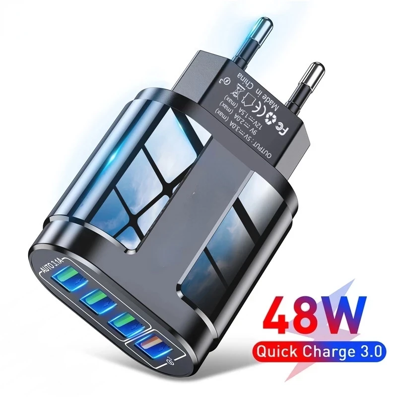 

For iPhone 12 11 Mobile 4 Ports EU US Plug Adapter Travel 48W USB Charger Fast Charge QC 3.0 Wall Charging