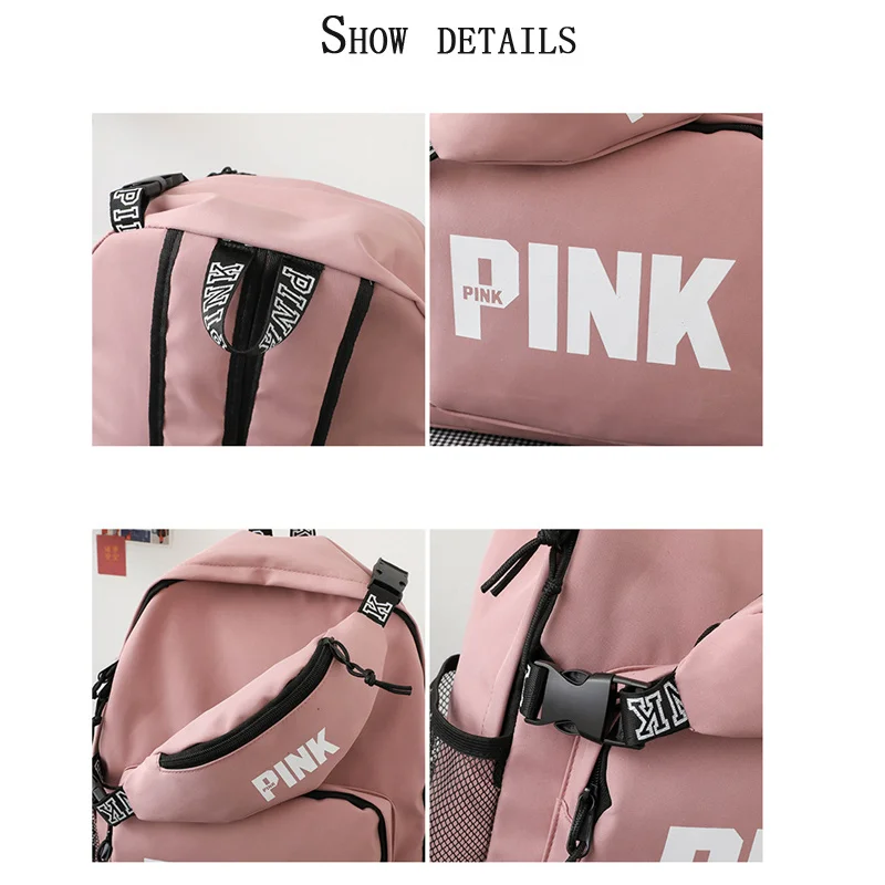 PINK Fashion Nylon Backpack bag and Waist Bag Set Mochila Casual Rucksack Travel Daypack Teenager boy Girls School Backapck