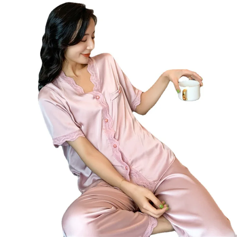 Spring and Summer Women's Ice Silk Pajamas Short Sleeve Trousers Suit Lace Puff Sleeve Women's Women's Pajamas