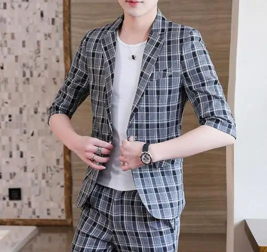 

New Summer Men's Suit Plaid Pattern Short Sleeve Single Breasted Fashion Slim Cotton Blend Suit Jacket A85
