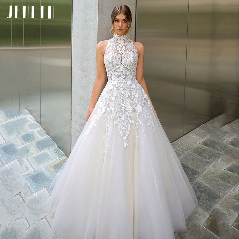 

JEHETH Boho High Neck Tulle Wedding Dress for Women Elegant Lace Appliqué A Line Illusion Back Beach Bride Gown Robe De Mariée