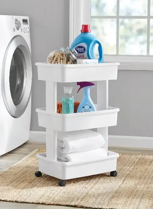 

g 3-Tier Plastic Multi-Purpose Rolling Laundry Cart, Arctic White, Case Pack 1 shelves