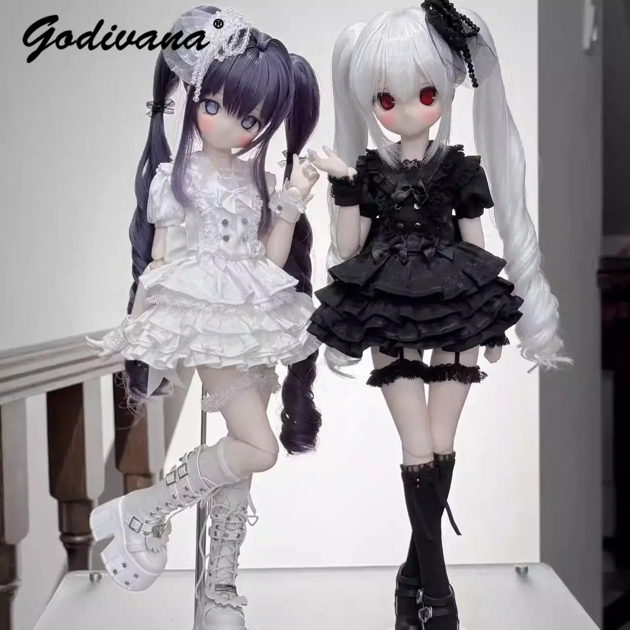 Темный готический костюм для куклы Лолиты 14 BJD MDD: черное кружевное платье принцессы с рюшами, комплект с повязкой на голову и подвязками на бедрах (art.: 3920dc9fbb317) - 3920dc9fbb317