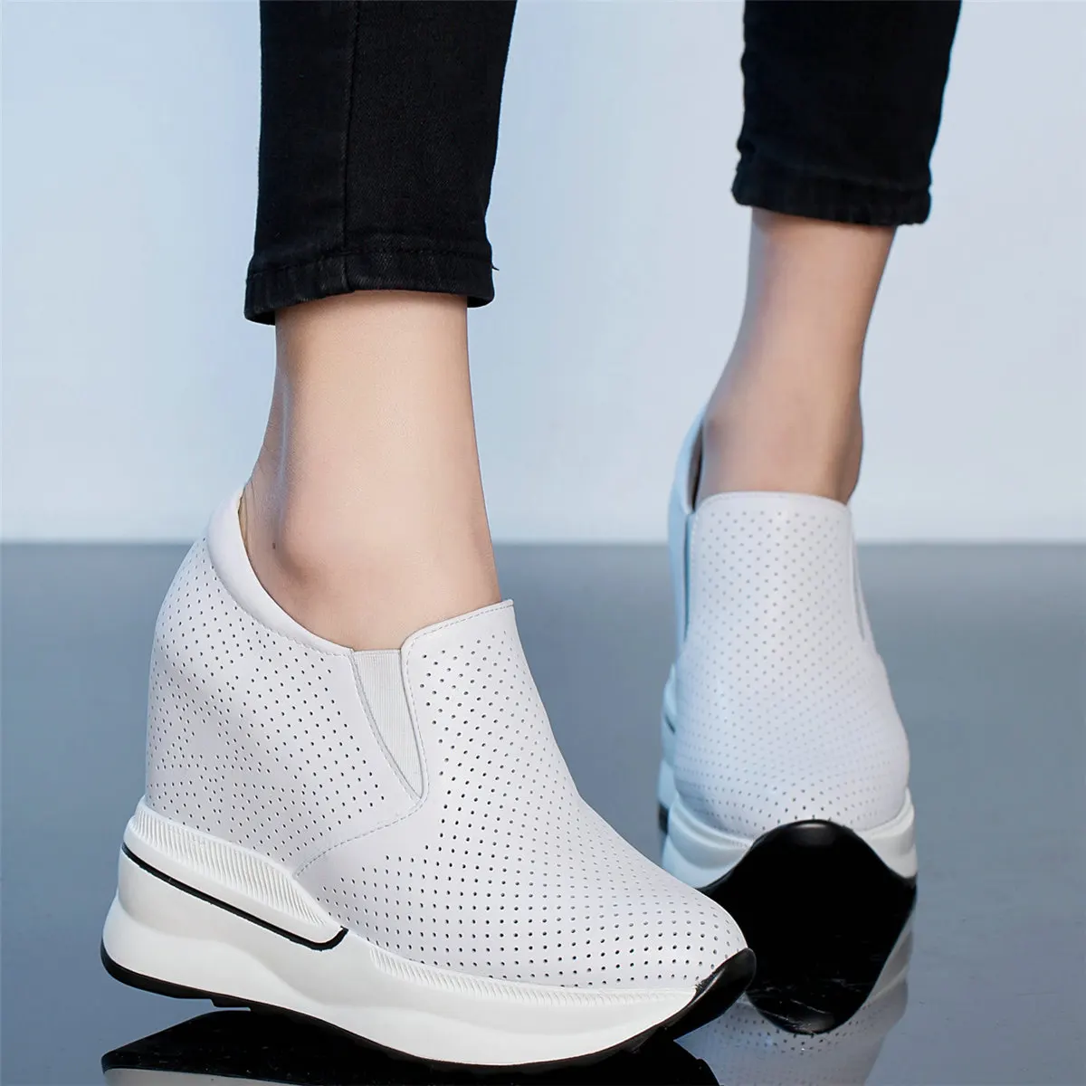 12cm Super High Heels Shoes Women Breathable Cow Leather Wedges Platform Pumps Female Round Toe Fashion Sneakers Casual Shoes