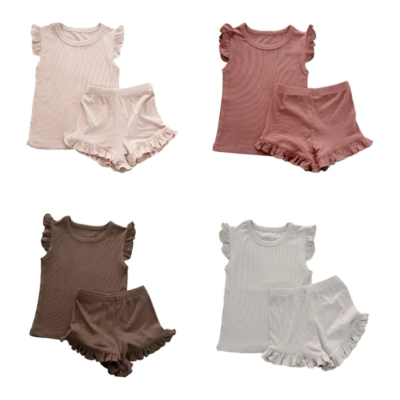 

Two-Piece Baby Suit Summer Clothes Ruffle Sleeve Shirt & Shorts Set Girls Solid Color Home Suit Breathable Pajama Outfit