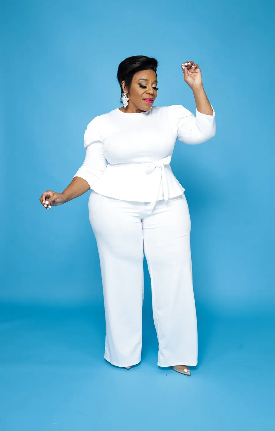 Plus Size Women Clothing Solid Ribbon Long Sleeved Trousers Large Two Piece Set Women Office Lady Woman Clothes Outfits O-Neck
