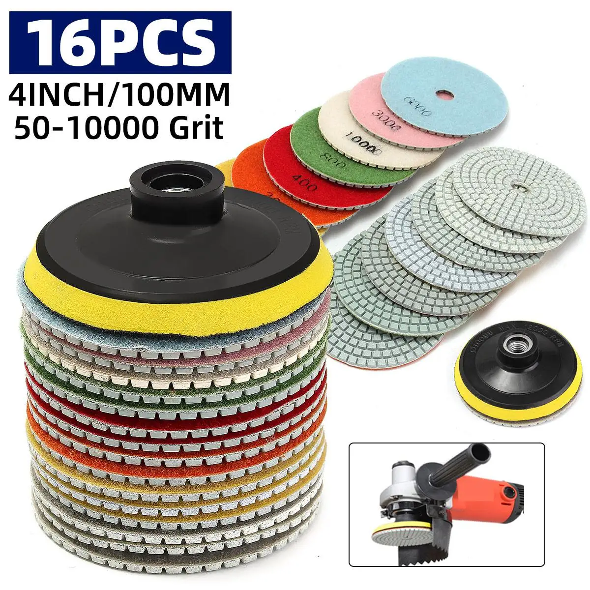 

16Pcs 4inch 100mm Diamond Polishing Pad Set for Granite Stone Concrete Marble Polishing Wet/Dry Use 4" Grinding Discs Kit