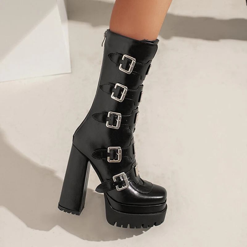 New Metal Buckles Styles Women Knee High Boots High Platform Thick Bottom Shoes Punk Cool Design Woman Booties