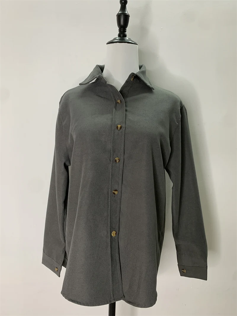Женская Винтажная Классическая Рубашка Цвета Хаки Повседневная Осенне-зимняя