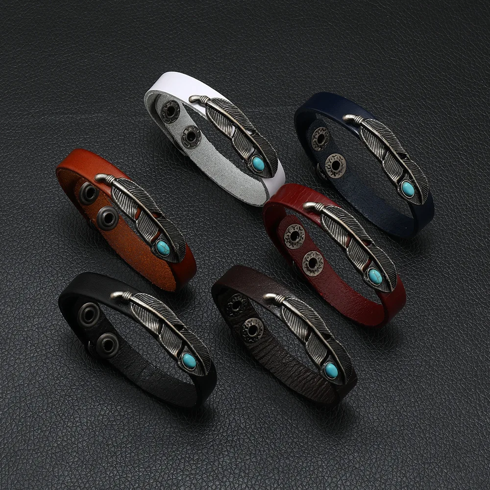 

New Fashion Trend Jewelry Vintage Alloy Turquoise Feather Leather Bracelet For Men and Women Couples Type Cowhide Bracelet