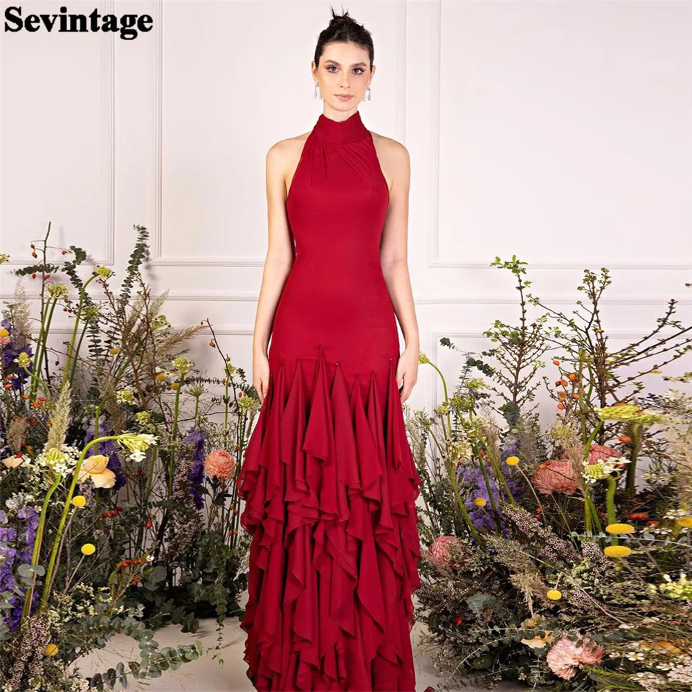 

Sevintage Elegant Red Satin Prom Dress Mermaid Halter Ruffles Floor Length Evening Dress vestidos para eventos especiales 2024
