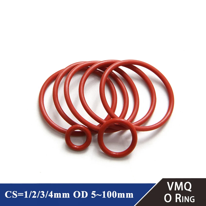 

50pcs Red VMQ O Ring Thickness CS 1/2/3/4mm OD 5-100mm Rubber Seal RingsHeat-Resistant Food Grade Silicone O-Ring