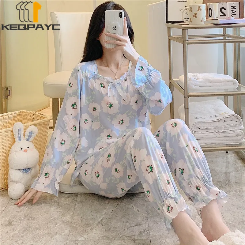 Women's Pajamas New Spring Autumn Long Sleeve Thin Loose Home Wear Sleepwear Women Floral Print Casual Nightwear Clothing Sets