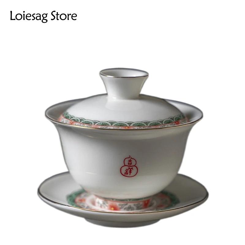 

Loiesag Hand Painted Side Flower High White Porcelain Gaiwan Ceramic Sancai Cover Bowl Tea Bowl Creative Kung Fu Tea Set Tea Cup