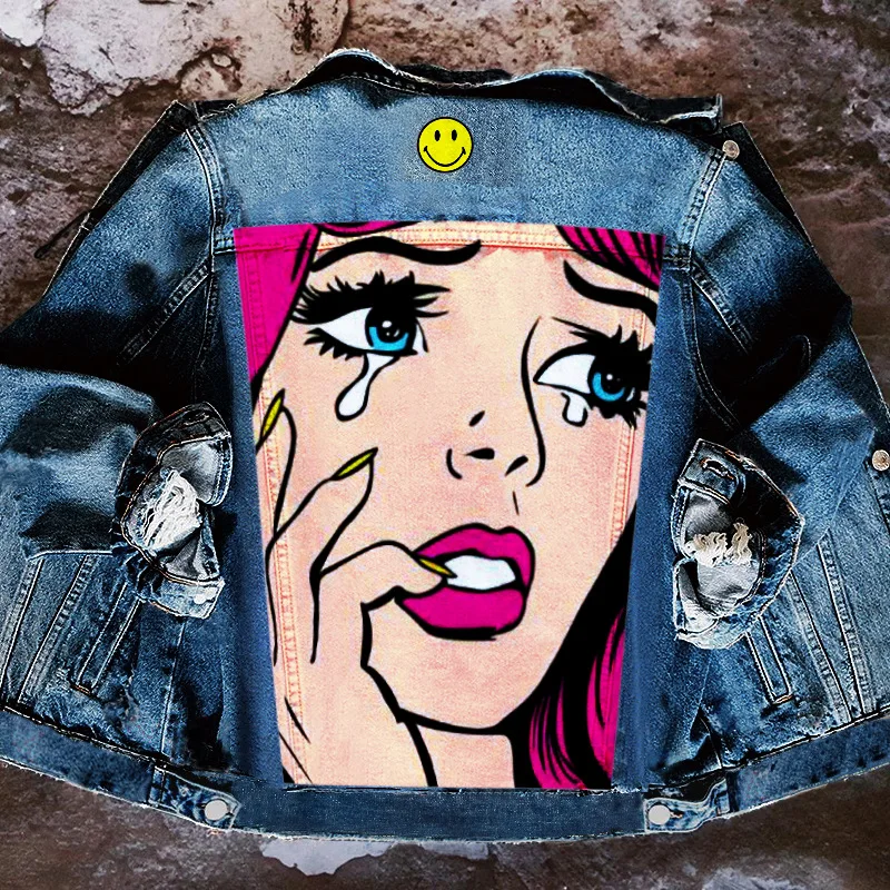 

Женская джинсовая куртка, женская одежда, Новинка осени 2023, Лидер продаж, уличная мода, джинсовая куртка с отворотами и принтом грустных слез