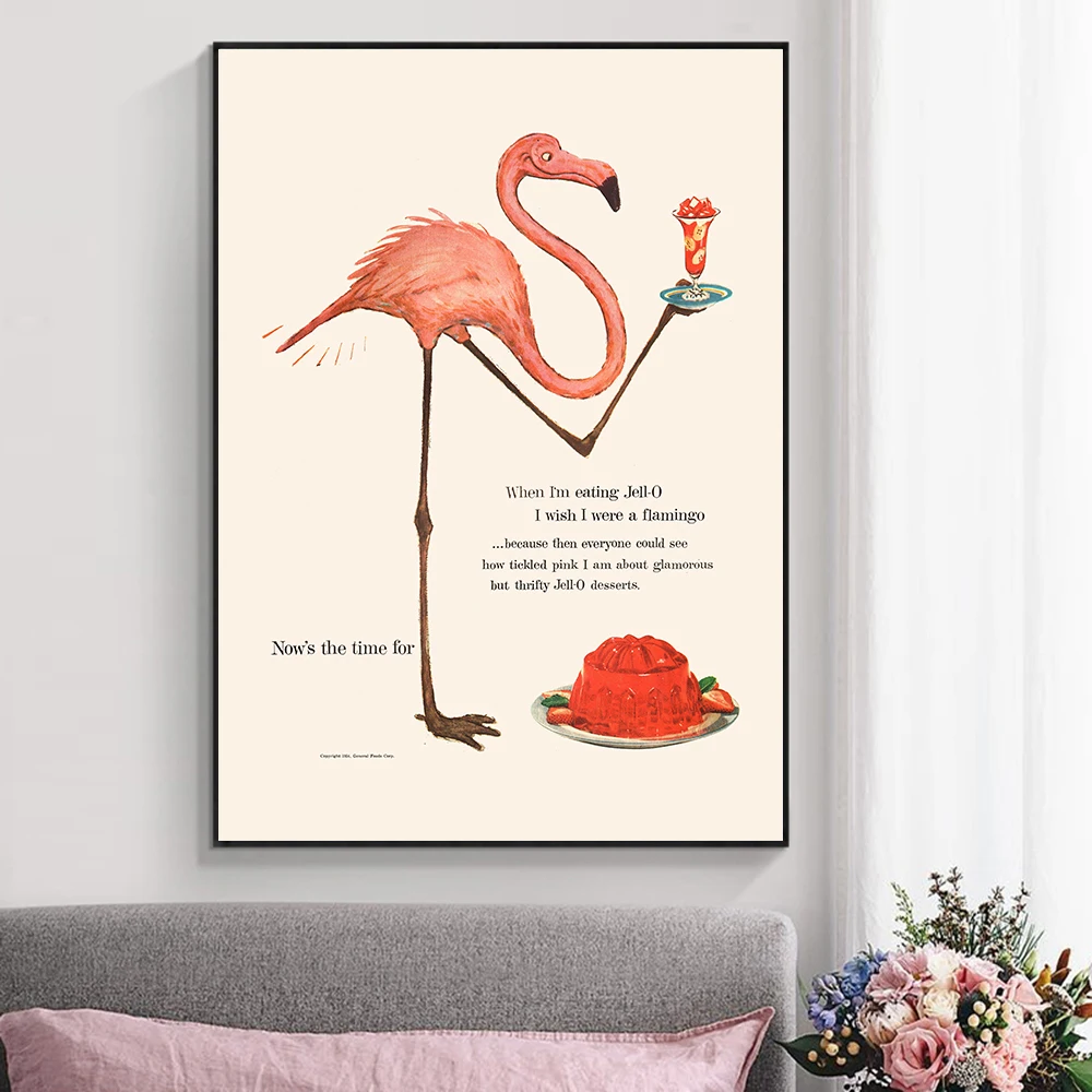 

Jelly AD Picture Vintage Wall Canvas Print Art Cute Pink Flamingo Animal Snack Poster for Kitchen Dining Room Home Decor Cuadros