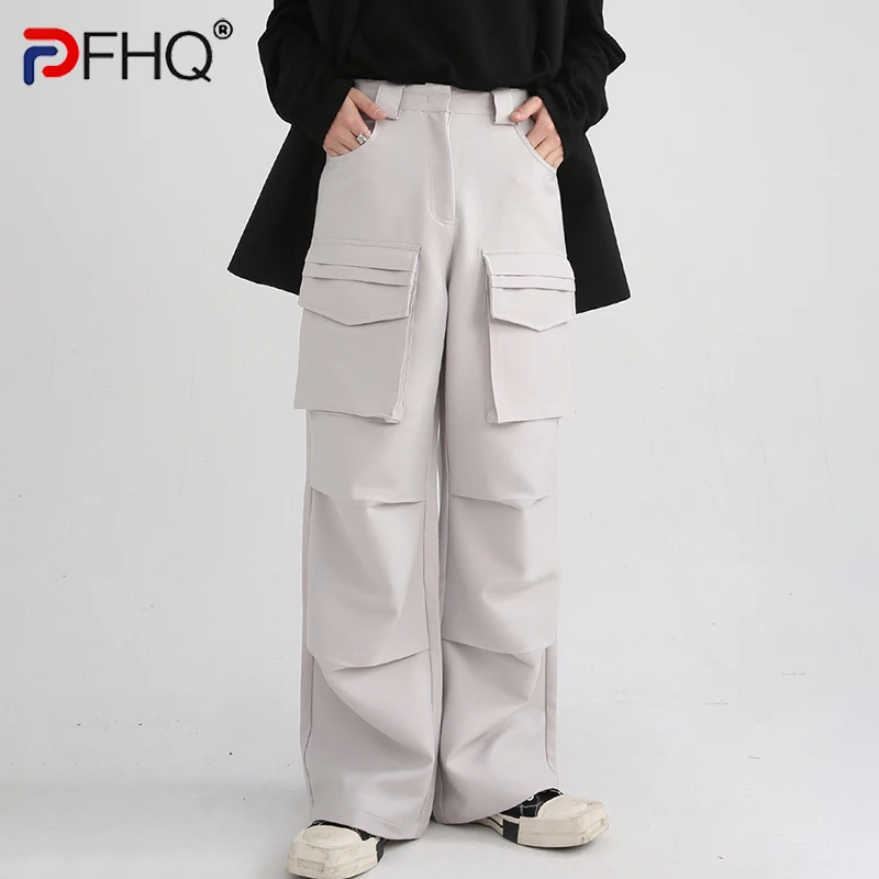 

PFHQ Many Pockets Men's Pants 2023 Spring New Korean Loose Straight Personality Casual Cargo Male Trousers Solid Color Overalls