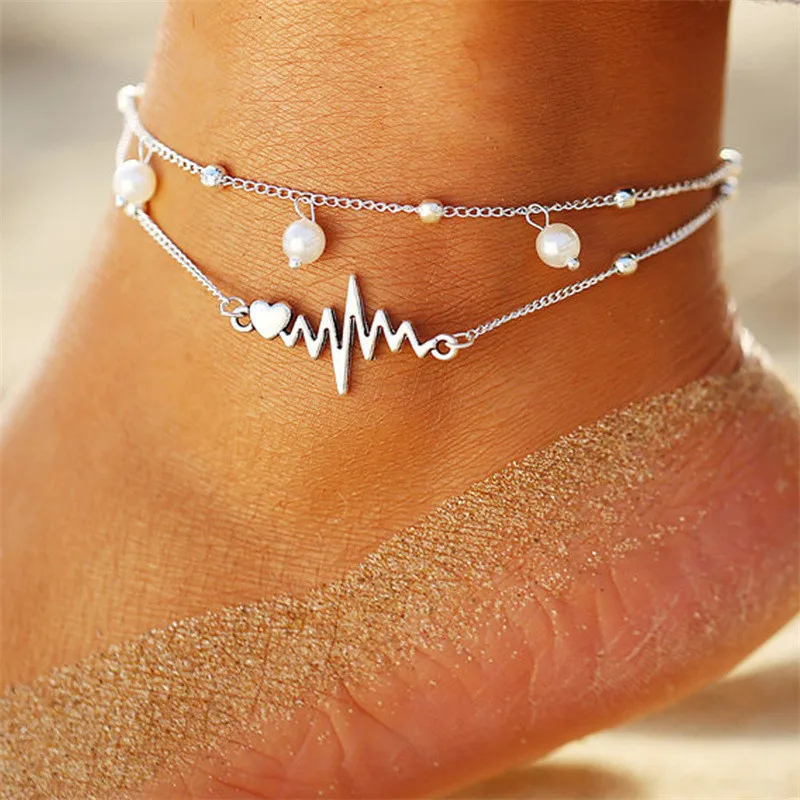 

Double Layer Love Hear Electrocardiograph Pearl Foot Chain Anklet For Women Fashion Exquisite Zircon Boho Anklets Beach Jewelry