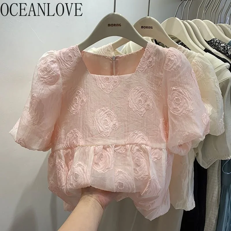 

Pu Sleeve Women Shirts lowers Sweet Square Neck Summer Loose Blouses Korean ashion Retro Elegant Blusas Mujer