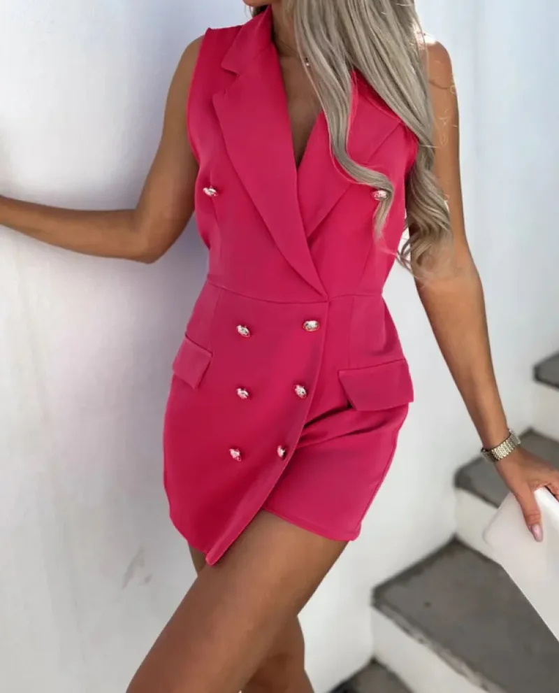 Sexy Sleeveless Bodysuit Elegant Party Festival Outfit Streetwear Summer Woman Jumpsuit Lapel Collar Double Breasted Flap Romper