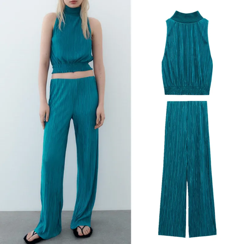 

Spring New Women's Stand Collar Sleeveless Stretch Hem Small Pleated Halter Collar Top Pleated Wide Tube Trousers Set