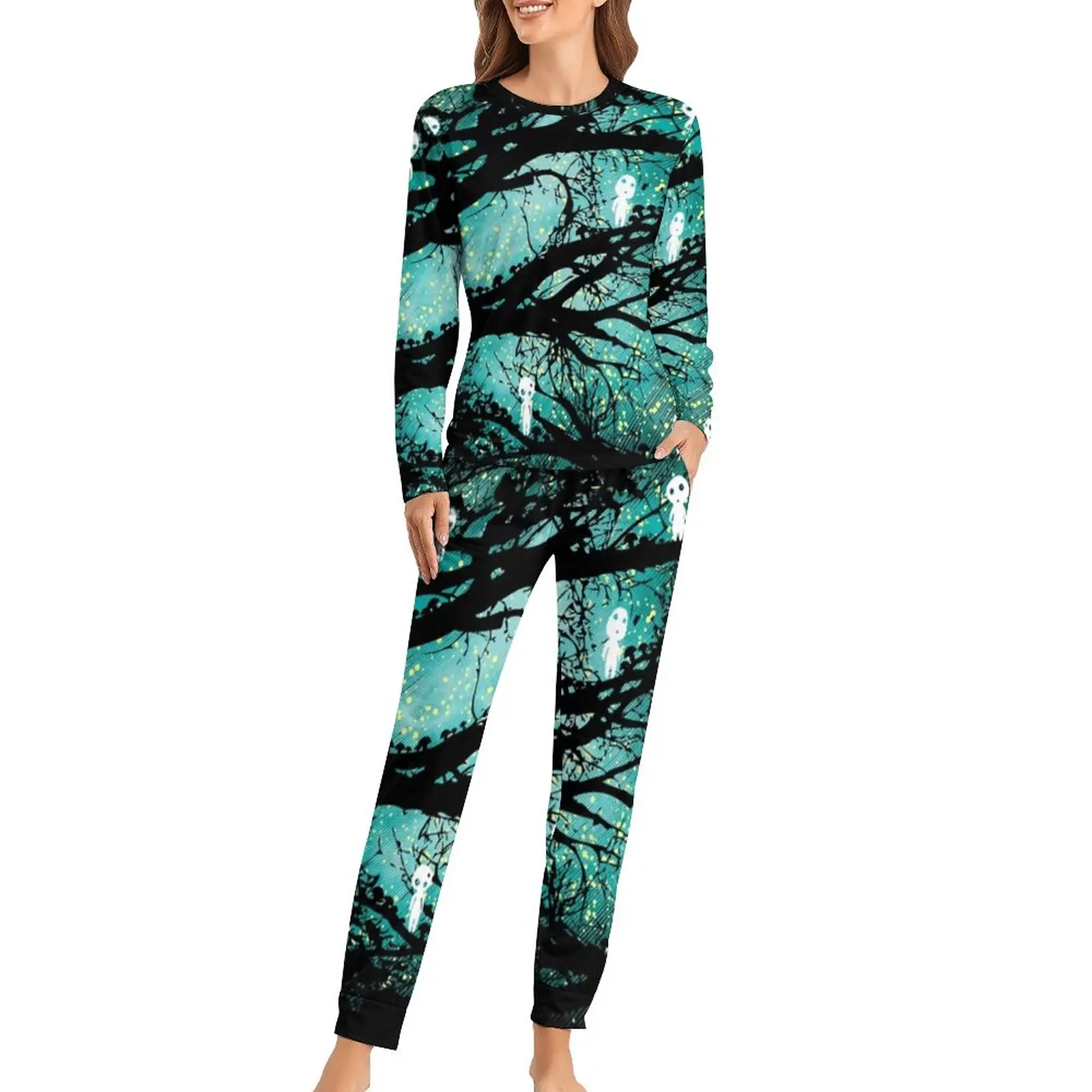 

Funny Japanese Anime Pajamas Lady Tree Spirits Retro Sleepwear Autumn 2 Piece Loose Oversize Pajama Sets