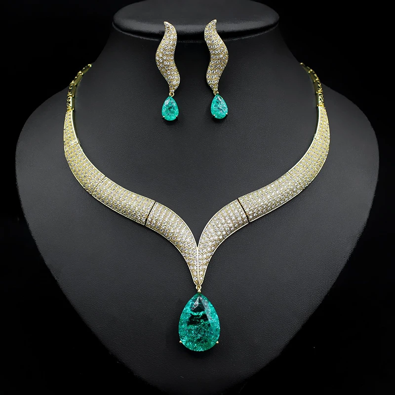 

Luxury Gold Color Cubic Zirconia Jewelry Sets for Women Fashion Big Crystal Necklace Bride Wedding Anniversary Dress Jewelr Gift