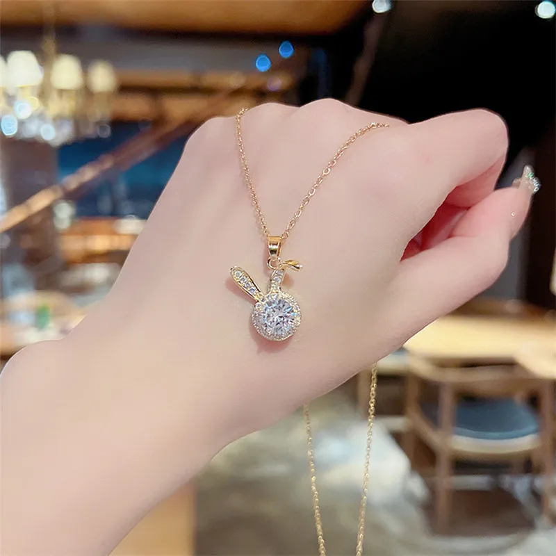 

New Fashion Trend Stainless Steel Exquisite Light Luxury Sparkling Zircon Rabbit Ears Necklace Ladies High Jewelry Party Gift