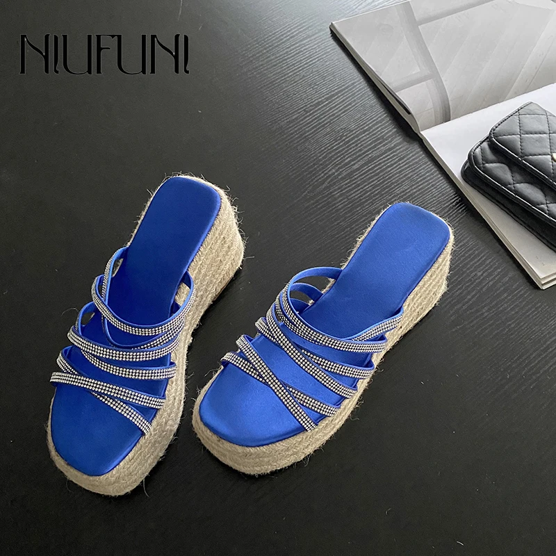 

Platform Rattan Grass Woven Wedges Women's Slippers Rhinestone Strap Hollow Summer Slip On Slides Muller Shoes For Women Big 42