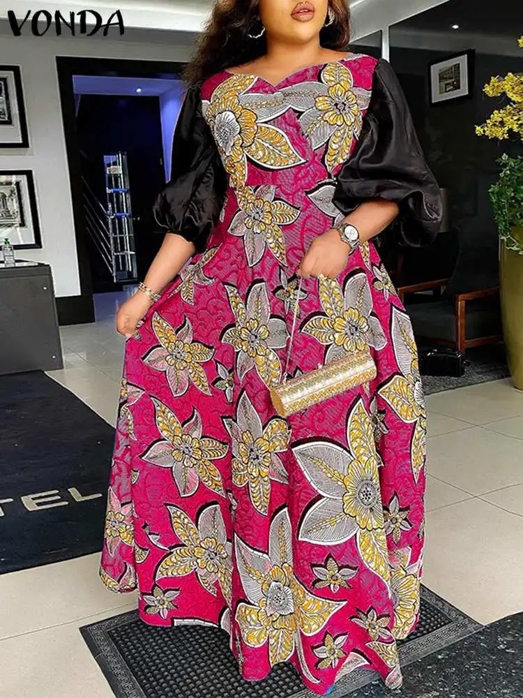 

2023 VONDA Summer Women Maxi Long Dress Bohemian Lantern Sleeve Sundress Mesh Patchwork Floral Printed Pleated Party Robe Femme