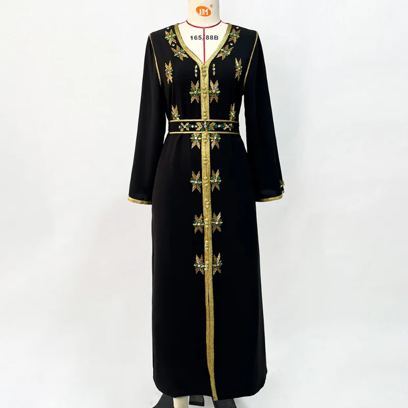 Muslim Fashion Robe Hand Sewn Belt with Phnom Penh V-Neck Gold Tube Rhinestone Robe Dress Abaya Dubai Arabic Dress Caftan 2023