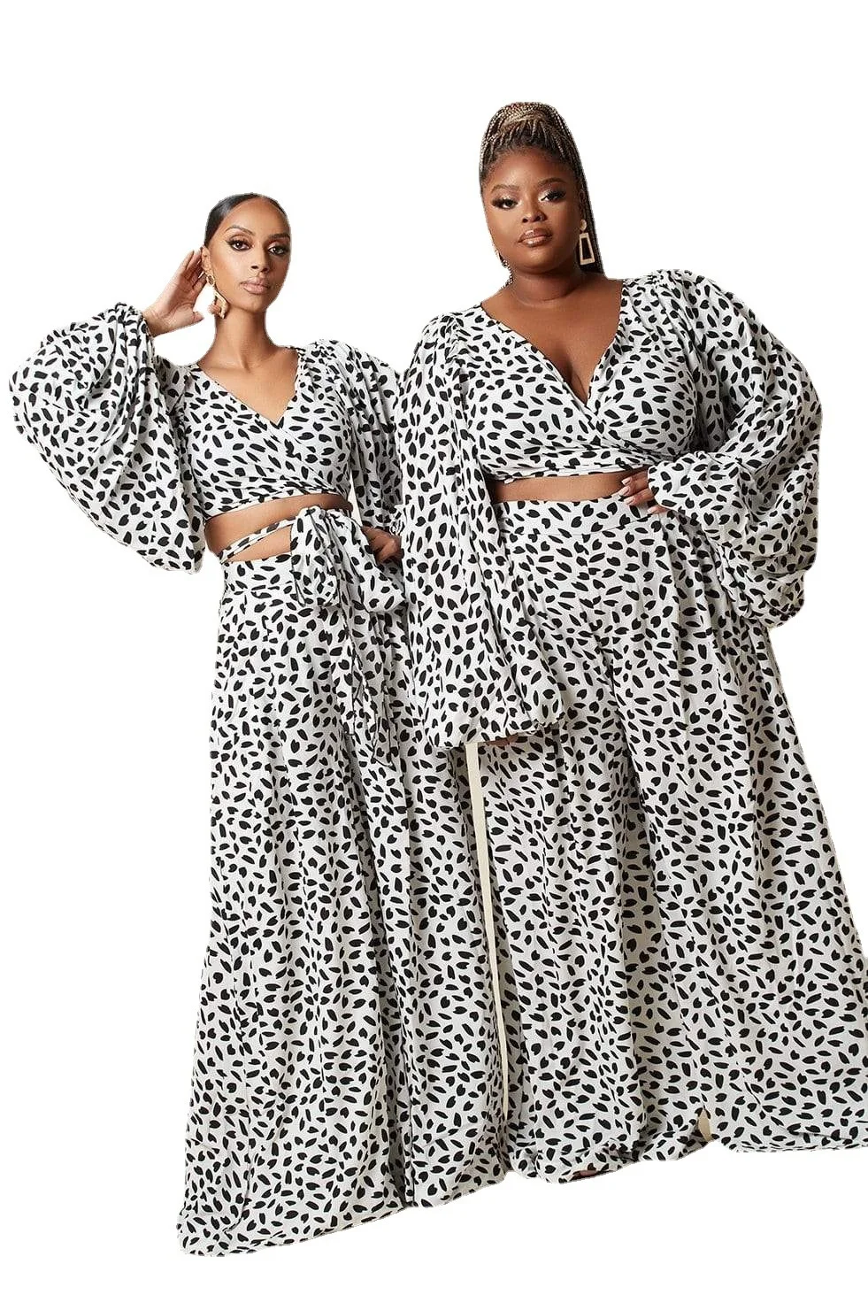 Plus Size 2 Piece Set Women New Africa Large Leopard Print Lace Cardigan Lantern Sleeve Top Loose Wide Leg Pants Fashion Set