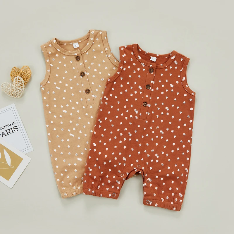 

Newborn Baby Sleeveless Romper, Floral Printed Round Neck Button Simple Playsuit, Casual Home Outdoor Wear Bodysuit