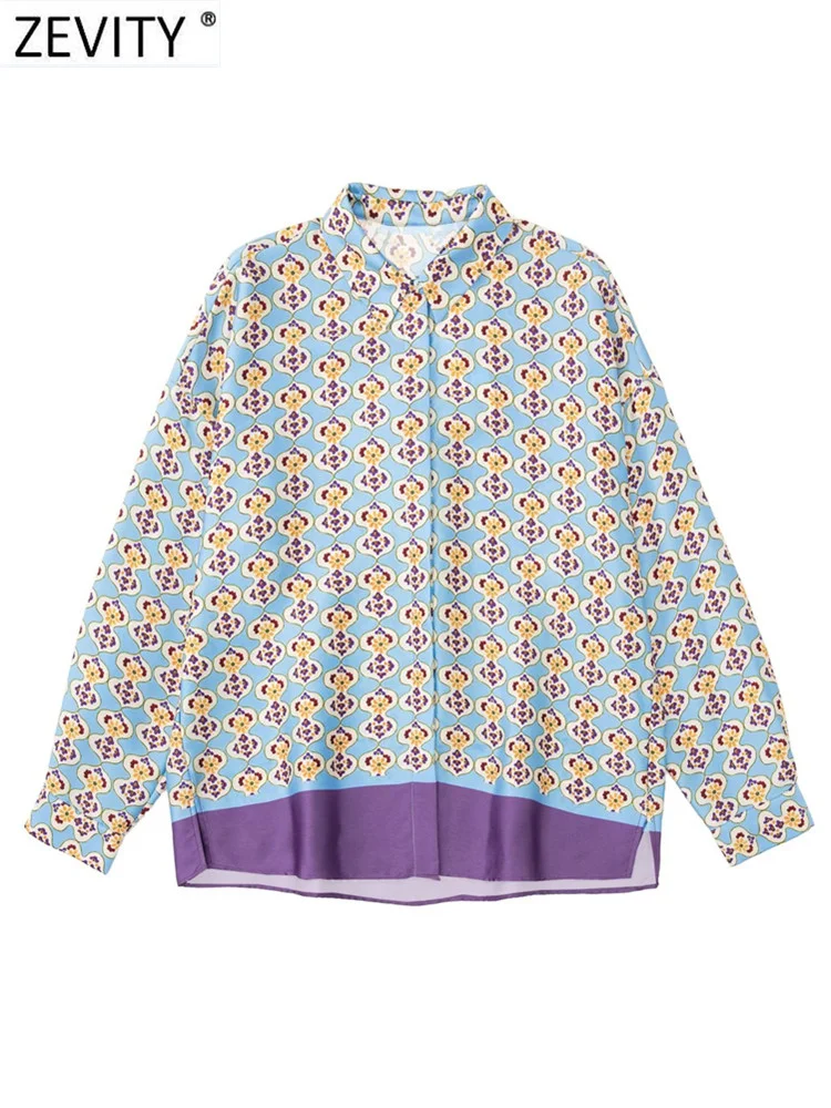 

Zevity Women Vintage Geometric Print Hem Patchwork Loose Smock Blouse Office Lady Split Shirt Chic Chemise Blusas Tops LS2062