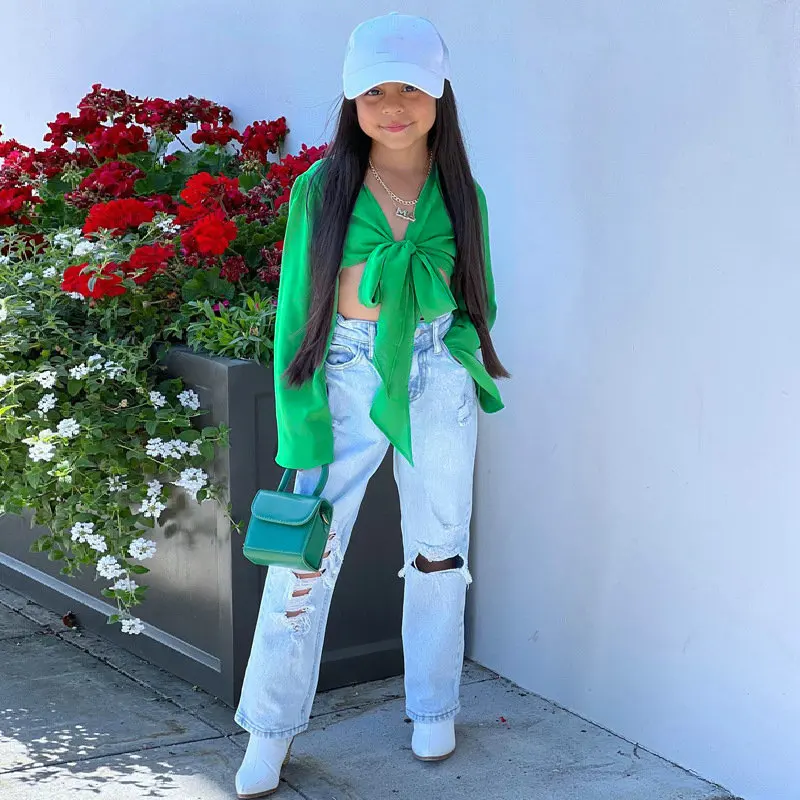 

Green Younge Children Girls Long Sleeve Shirt Blouse Summer Clothes Kids Chiffon Bow Crop Tops For Baby Girl Fashion Clothing