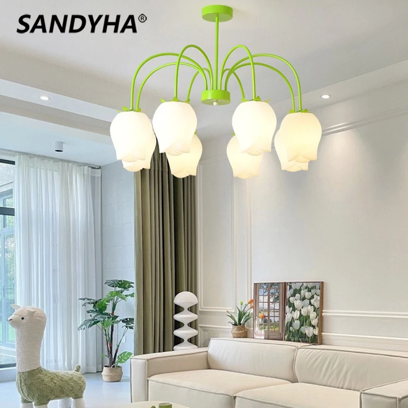 

SANDYHA Luminarias Pendentes e Lustres Lampara Techo Pastoral Rose Living Room Chandeliers Flower Lamp for Bedroom Led Light