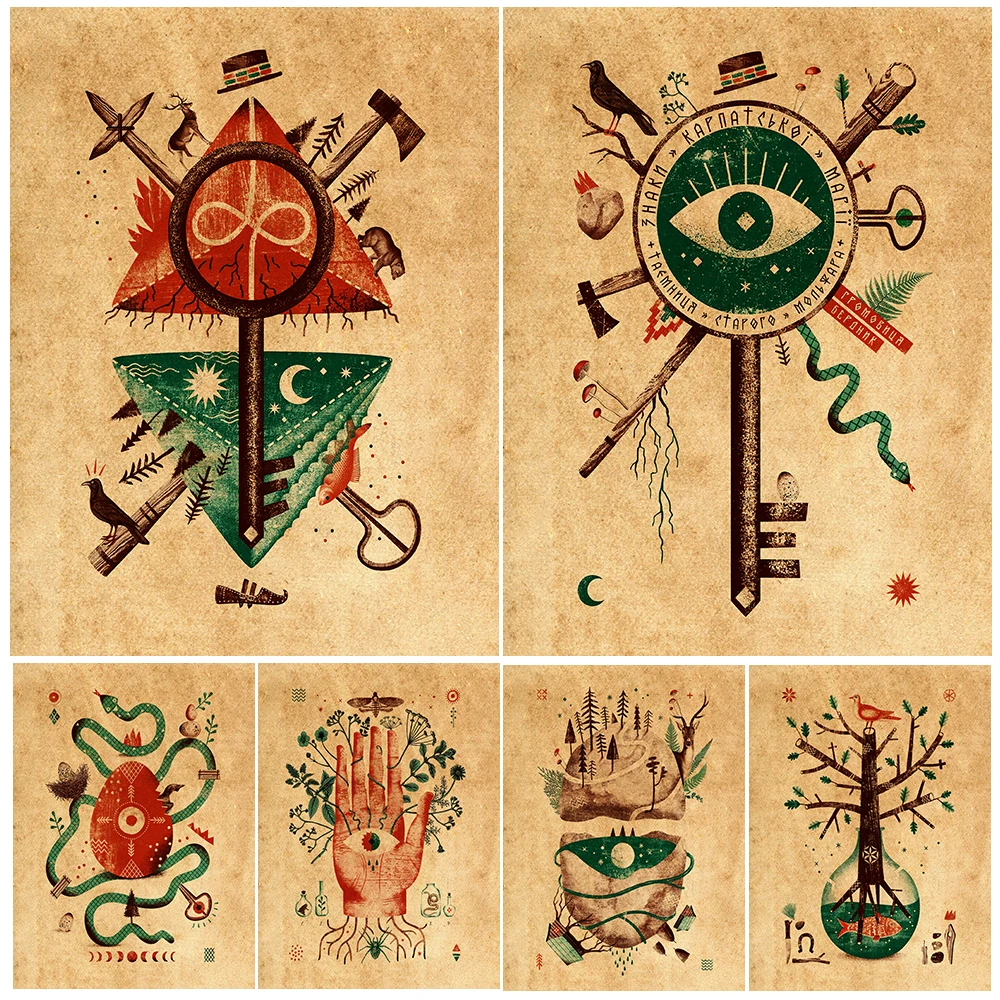 

Key,Star,Moth,Snake,Frog Alchemist Mysterious Rune Vintage Wall Art Canvas Painting Pagan Magic & Witchcraft Art Poster Print