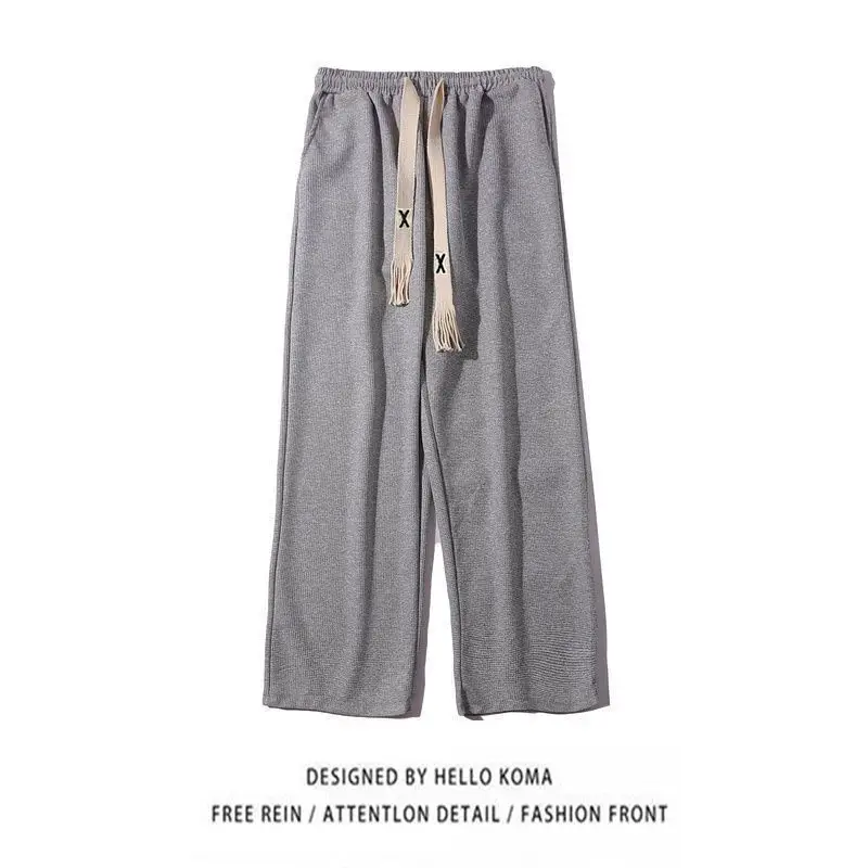Waffle Casual Pants Men's Loose Straight Drawstring Sweatpants Trend Ins Hong Kong Style Sports Wide Leg Drape Long Pants
