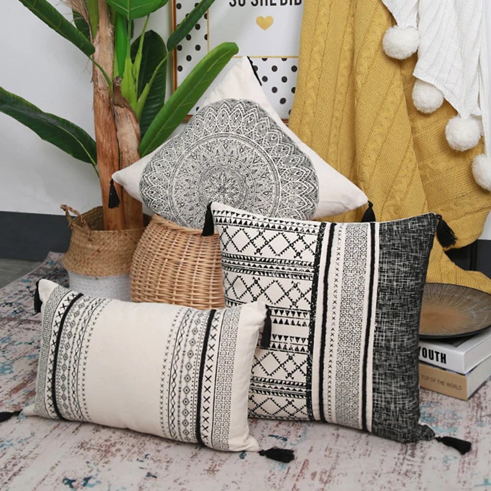

Printed Pillowcase 2 Pcs Moroccan Style Geometric Cushion Pillowslip Long Sofa Throw Cushion Home Tassel Modern Simple Pillow