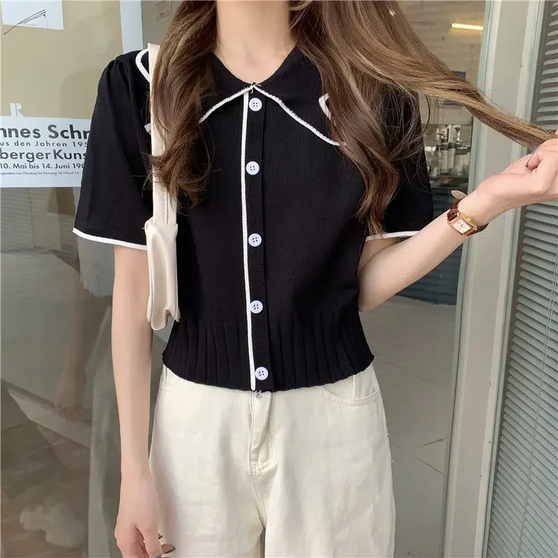 Женские футболки с воротником Питер Пэн трикотажная одежда коротким рукавом