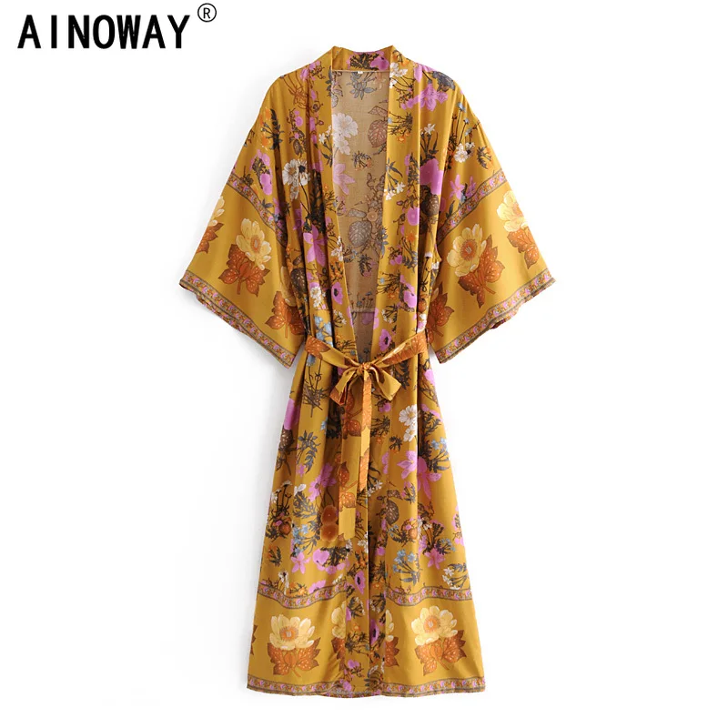 Женское пляжное кимоно с цветочным принтом V-образным вырезом и рукавом летучая