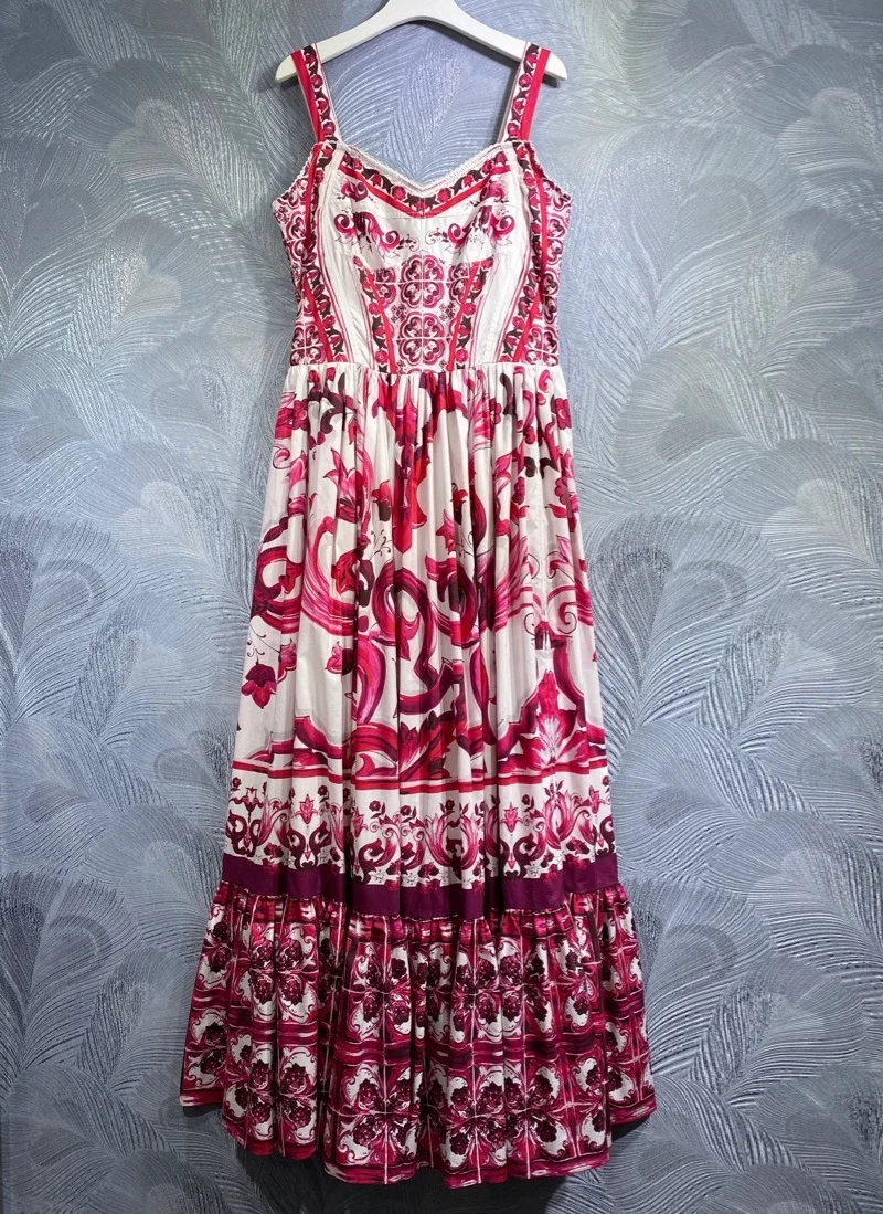 100%Cotton Long Dress 2023 Summer Fashion Style Women Spaghetti Strap Vintage Prints Sexy Sleeveless Party Long Maxi Dress XL
