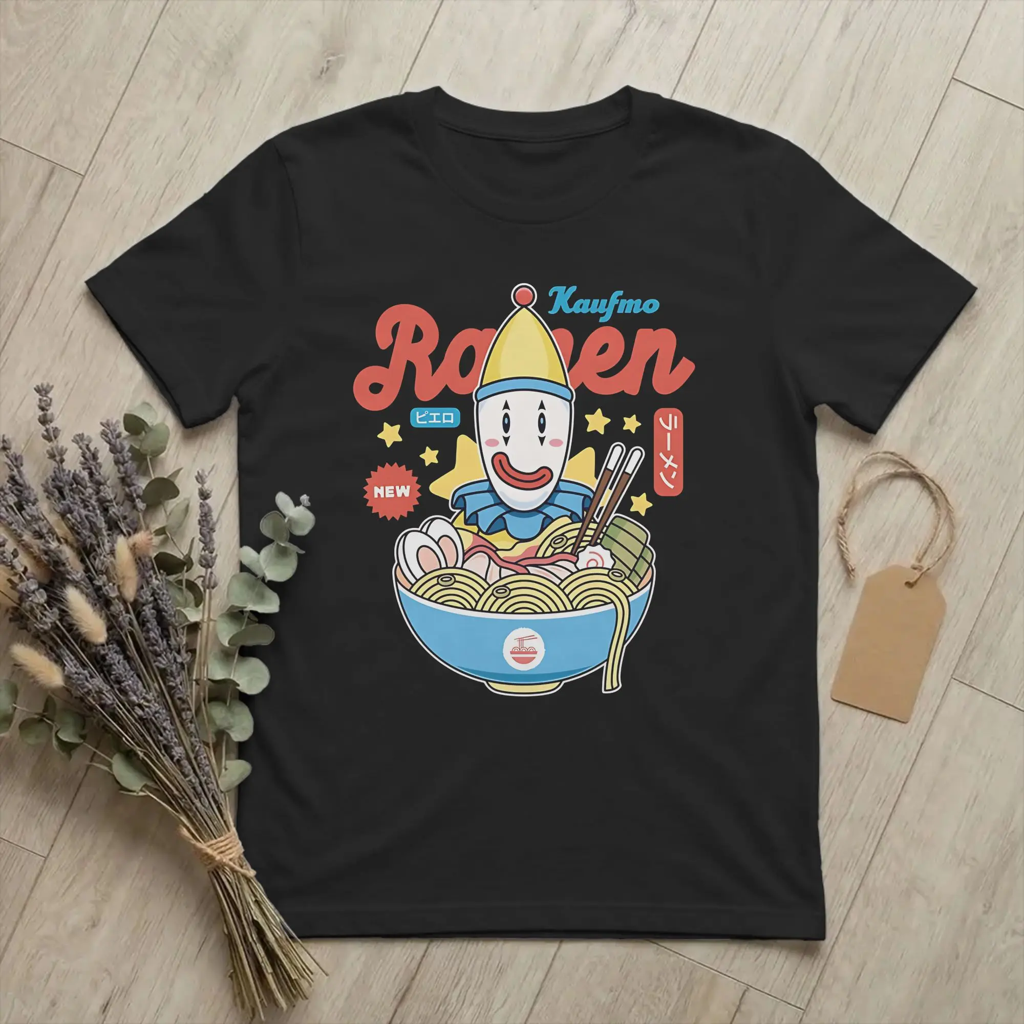 Фото Футболка Kawaii Kaufmo Clown Ramen, мужская футболка с круглым вырезом и короткими рукавами, TADC, летняя одежда из 100% хлопка №1