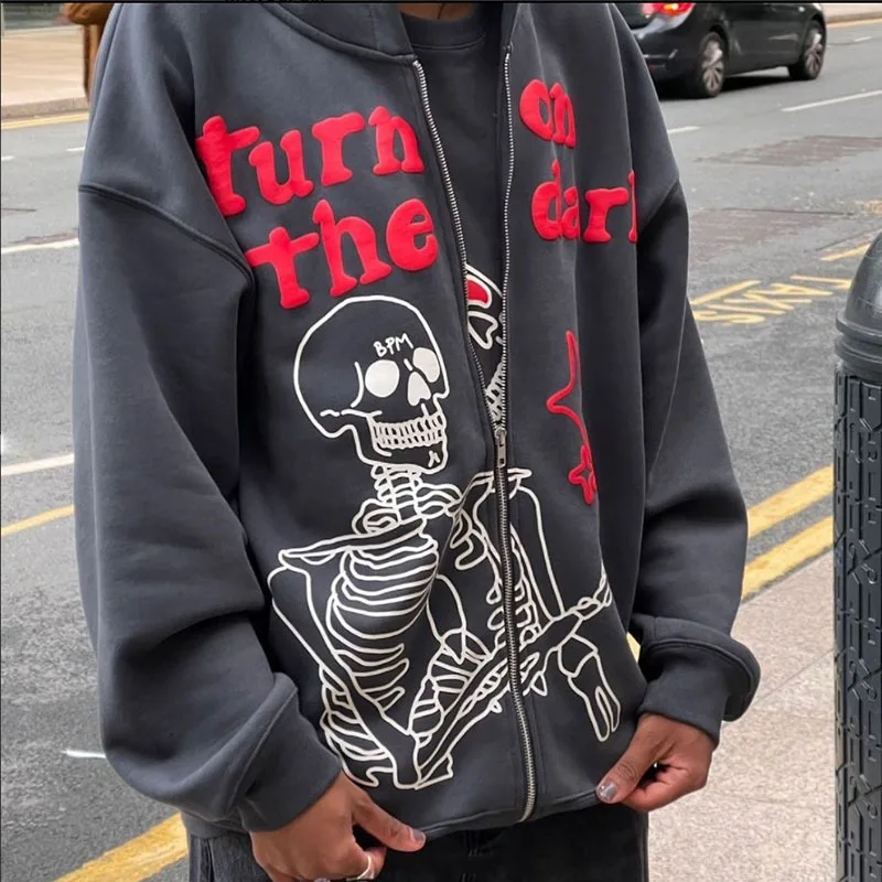 

Skull Anime Print Hoodie Men Women Zip Long Sleeve Street Sweatshirt Top Coat Loose Grunge Gothic Oversized Hooded Jacket emo